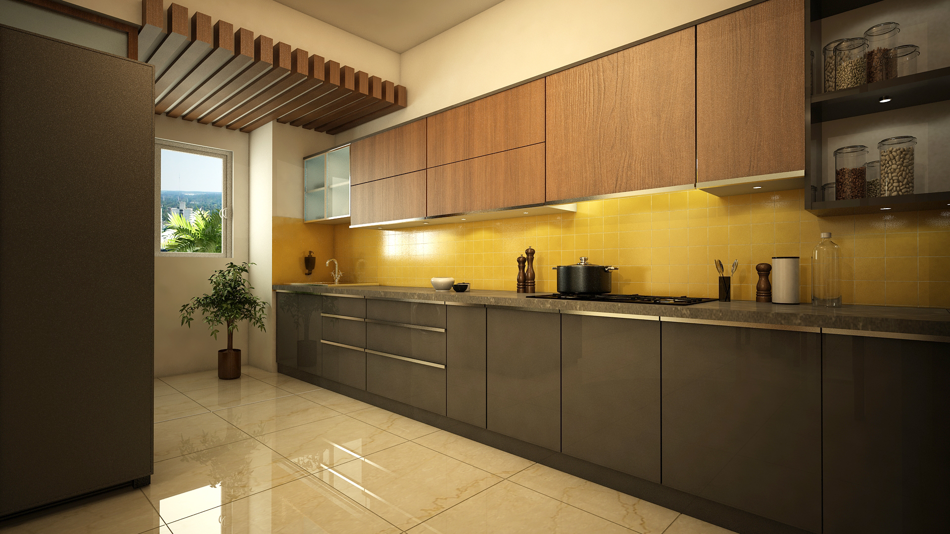 FabModula interior designer products straight modular kitchen with wooden panel